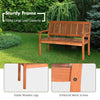 Two-person solid wood garden bench with curved backrest, natural teak color, suitable for indoor and outdoor use.