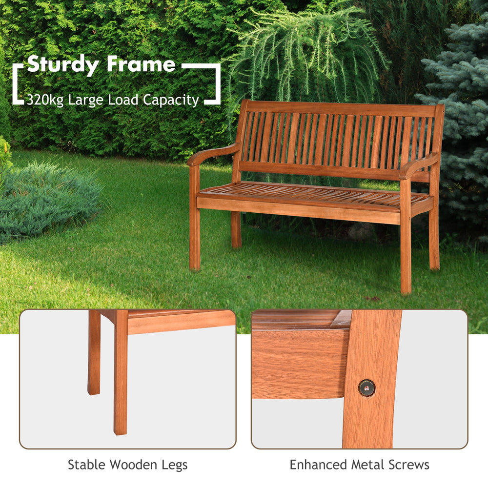 Two-person solid wood garden bench with curved backrest, natural teak color, suitable for indoor and outdoor use.