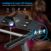 Folding treadmill with large LED display showing speed, time, distance, and calories for effective home workouts.
