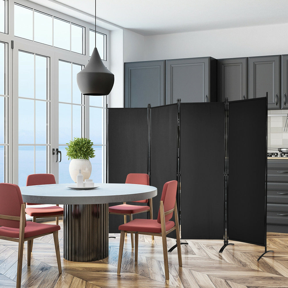 4-panel black room divider with a sturdy steel frame, ideal for creating privacy in living rooms or offices.