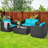 Four-piece patio rattan furniture set with turquoise cushions, featuring a coffee table and durable PE rattan for.