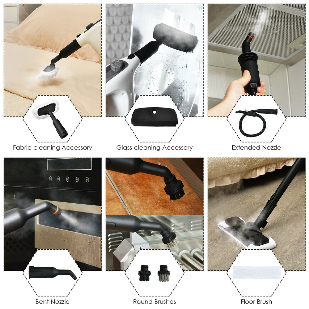 Multipurpose 1400W steam cleaner with fabric-cleaning accessory and extended nozzle for versatile home cleaning.