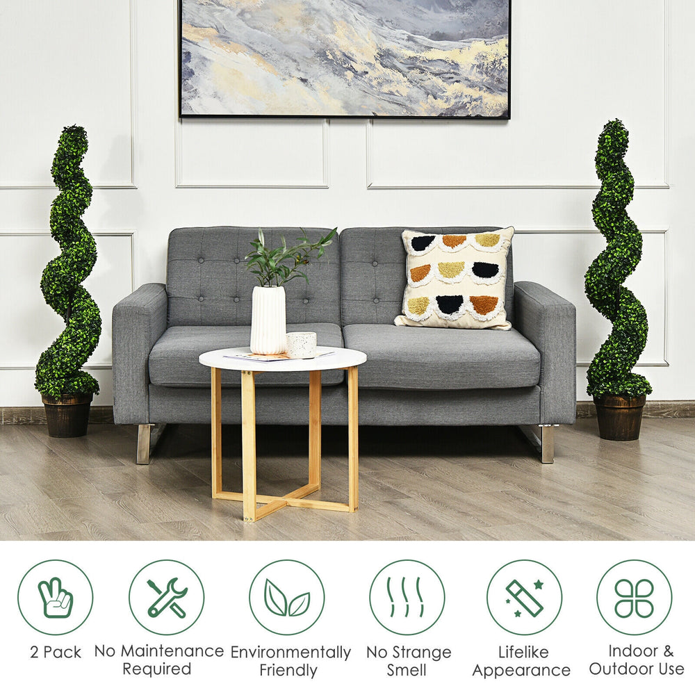 4 FT artificial spiral boxwood topiary trees in golden pots, eco-friendly, for indoor and outdoor decor, space-saving.