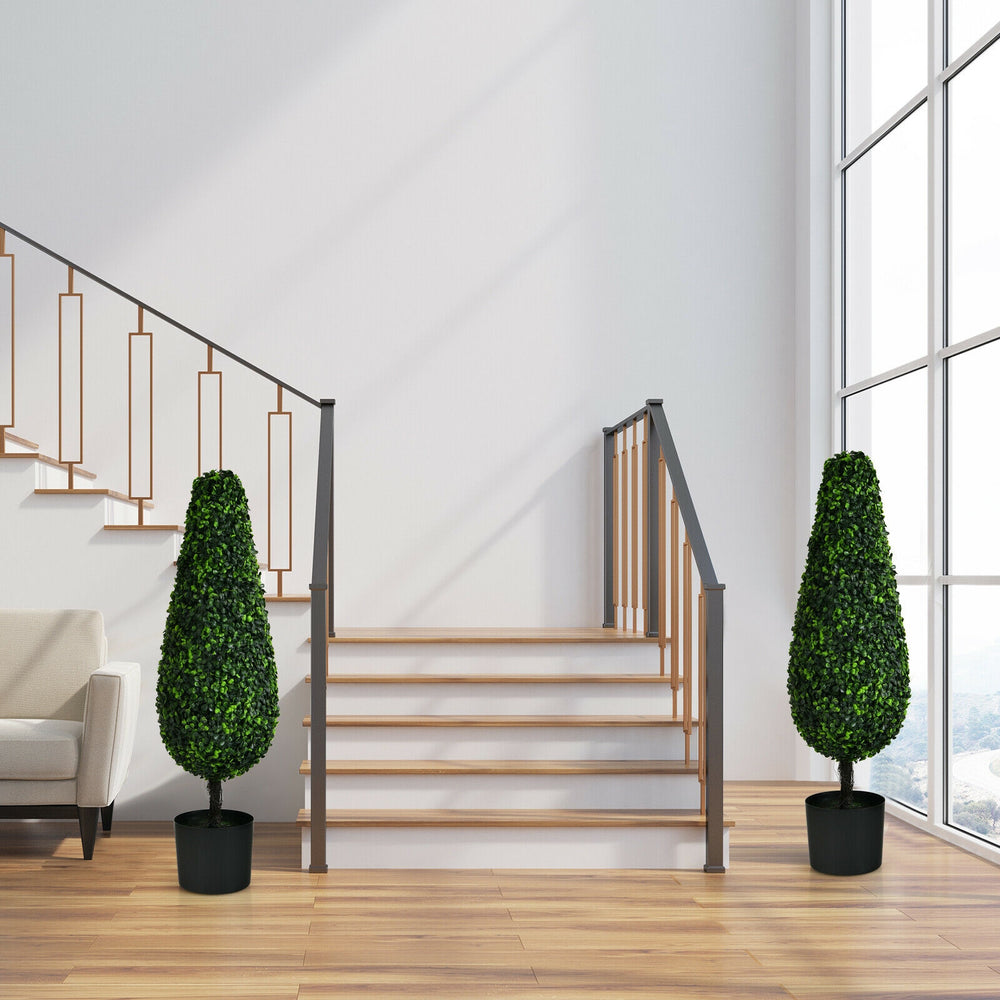 Lifelike 3-foot artificial tower topiary trees in pots, UV resistant for indoor or outdoor decor, perfect for hallways.