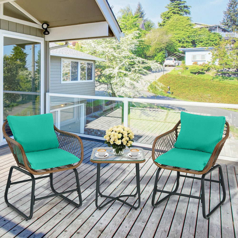 3 Pieces Patio Rattan Bistro Set Cushioned Chair Glass Table Deck-Turquoise - Gallery View 1 of 10