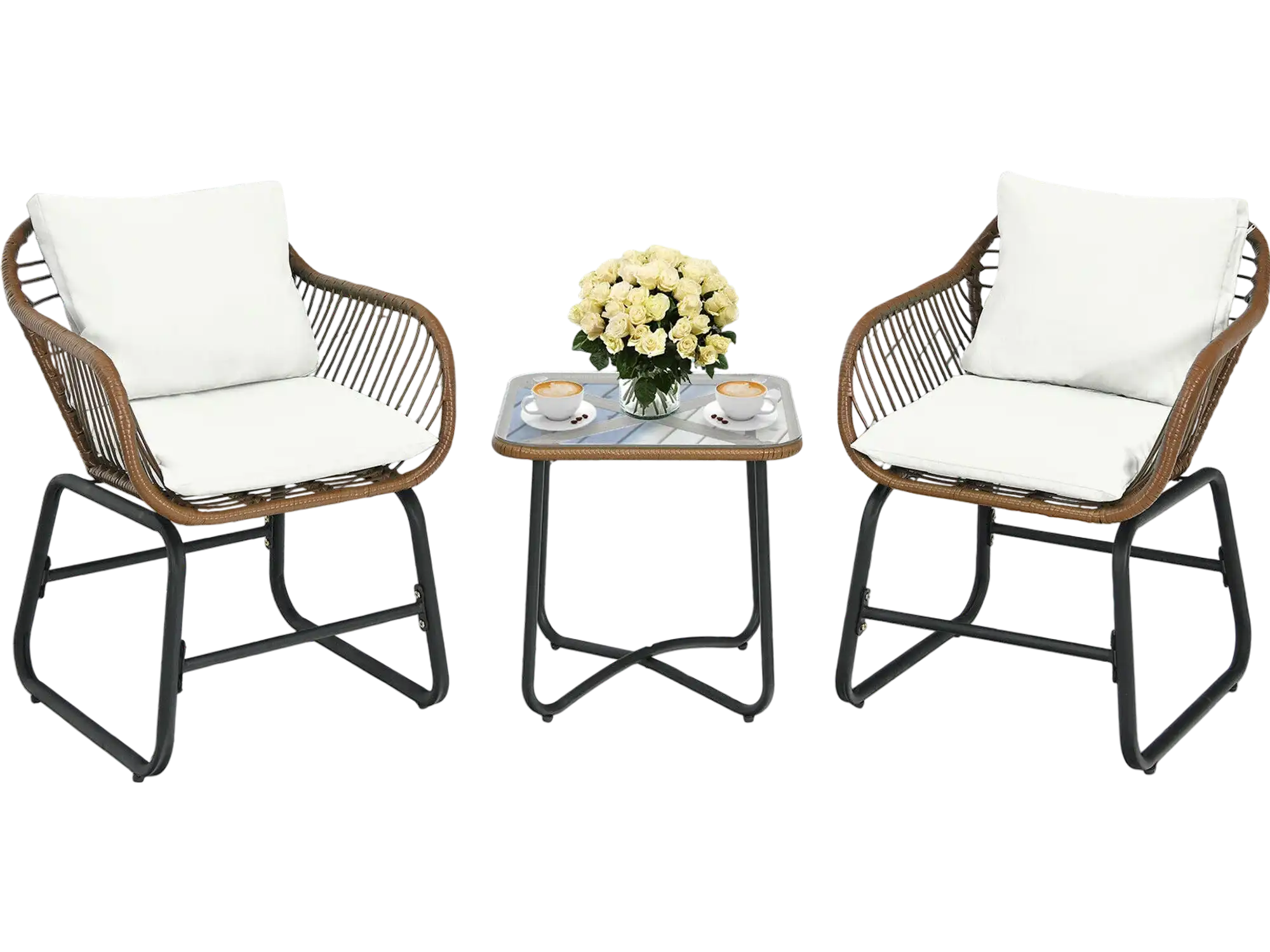 Costway 3-Pc Patio Rattan Bistro Set Cushioned Chairs Glass Table White 73690852 New