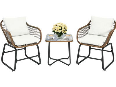 Costway 3-Pc Patio Rattan Bistro Set Cushioned Chairs Glass Table White 73690852 New