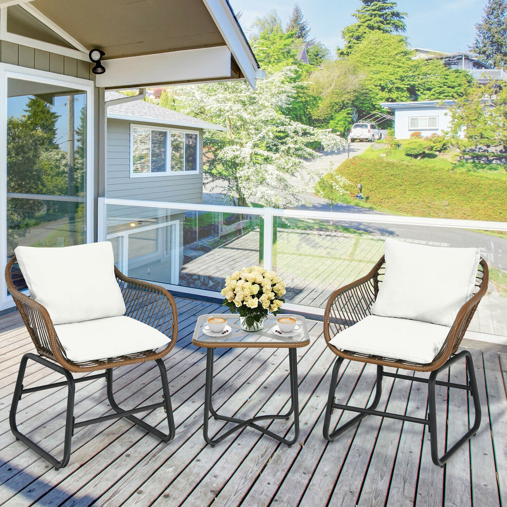 3 Pieces Patio Rattan Bistro Set Cushioned Chair Glass Table Deck-White - Gallery View 1 of 10