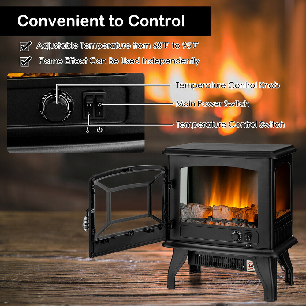 Freestanding electric fireplace heater with adjustable thermostat and realistic flame effect, perfect for cozy indoor.
