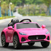 Pink 12V Maserati kids ride-on car with remote control, LED lights, and safety features for fun outdoor driving.