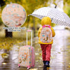 Kids rolling suitcase and backpack set in pink with cute astronaut pattern, lightweight and durable for easy travel.