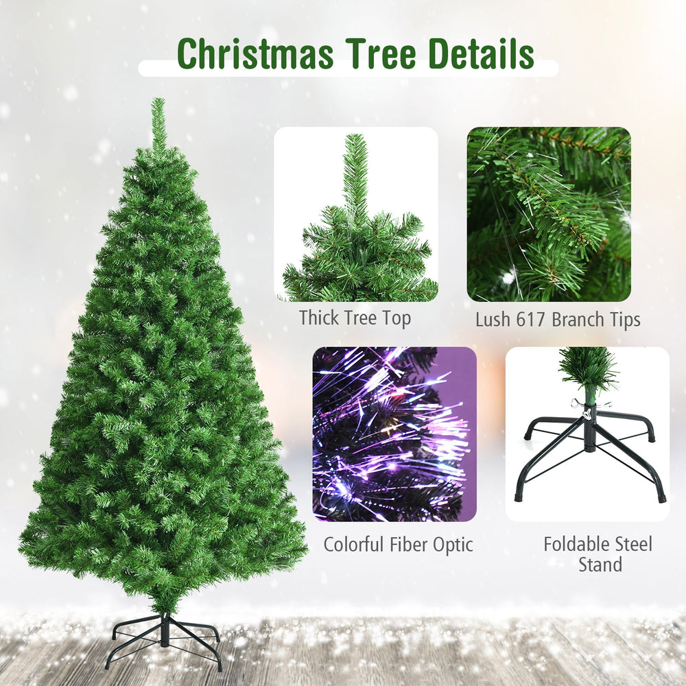 6-foot pre-lit fiber optic artificial Christmas tree with 617 branch tips, featuring a foldable metal stand for.