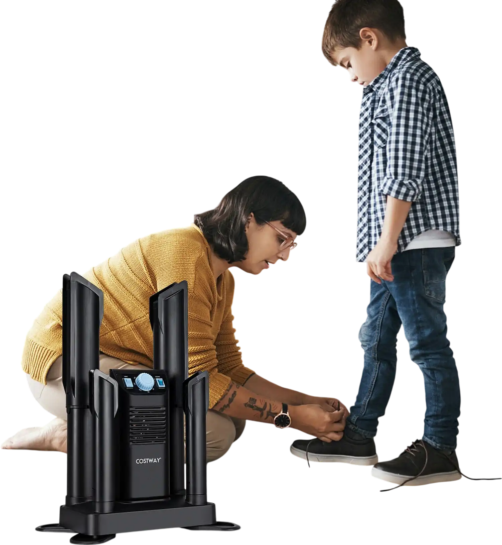 Electric shoe dryer in black, designed for 4 shoes, featuring ozone disinfection and 180-minute timer for efficient.