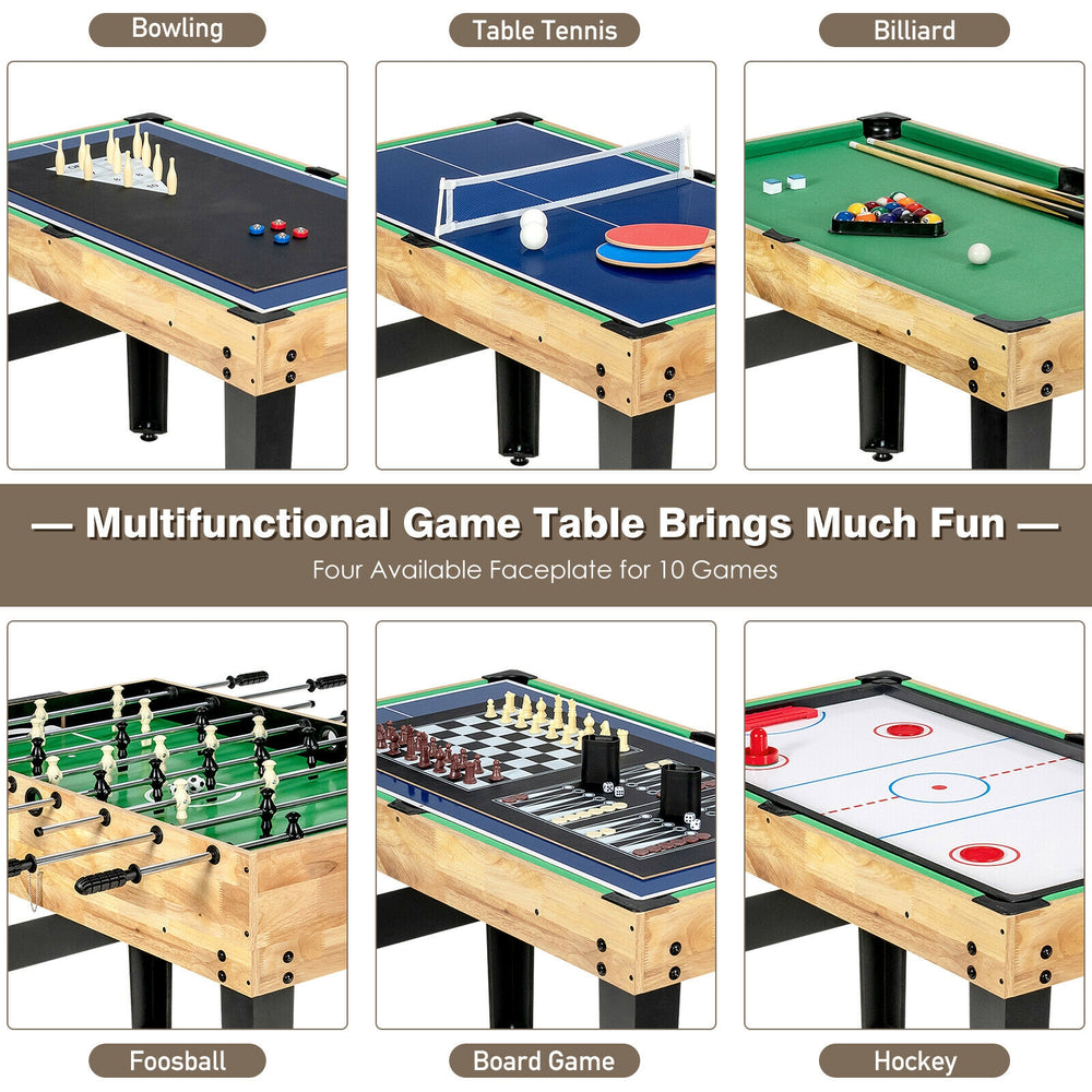 Multifunctional 10-in-1 game table set featuring foosball, billiard, table tennis, and more for family fun at home.