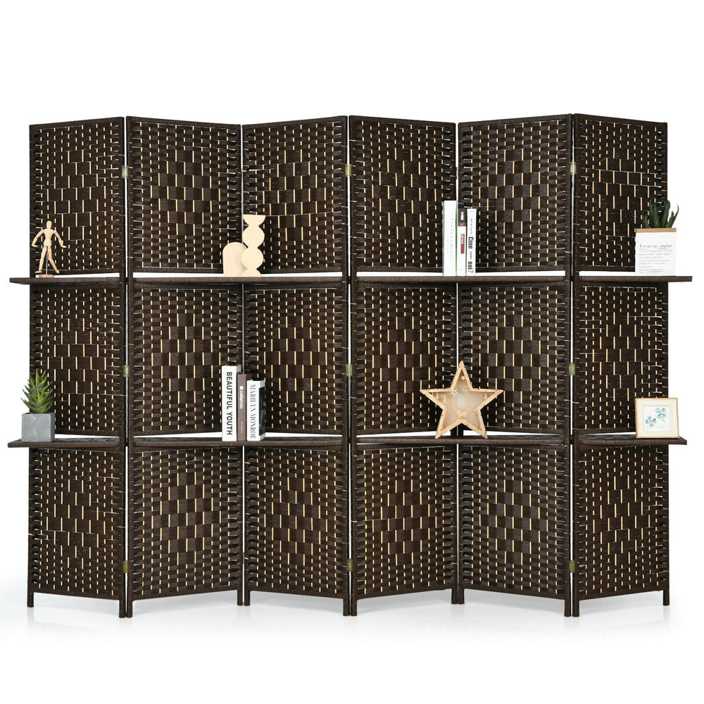 6 Panel Folding Weave Fiber Room Divider with 2 Display Shelves -Brown - Gallery View 1 of 10