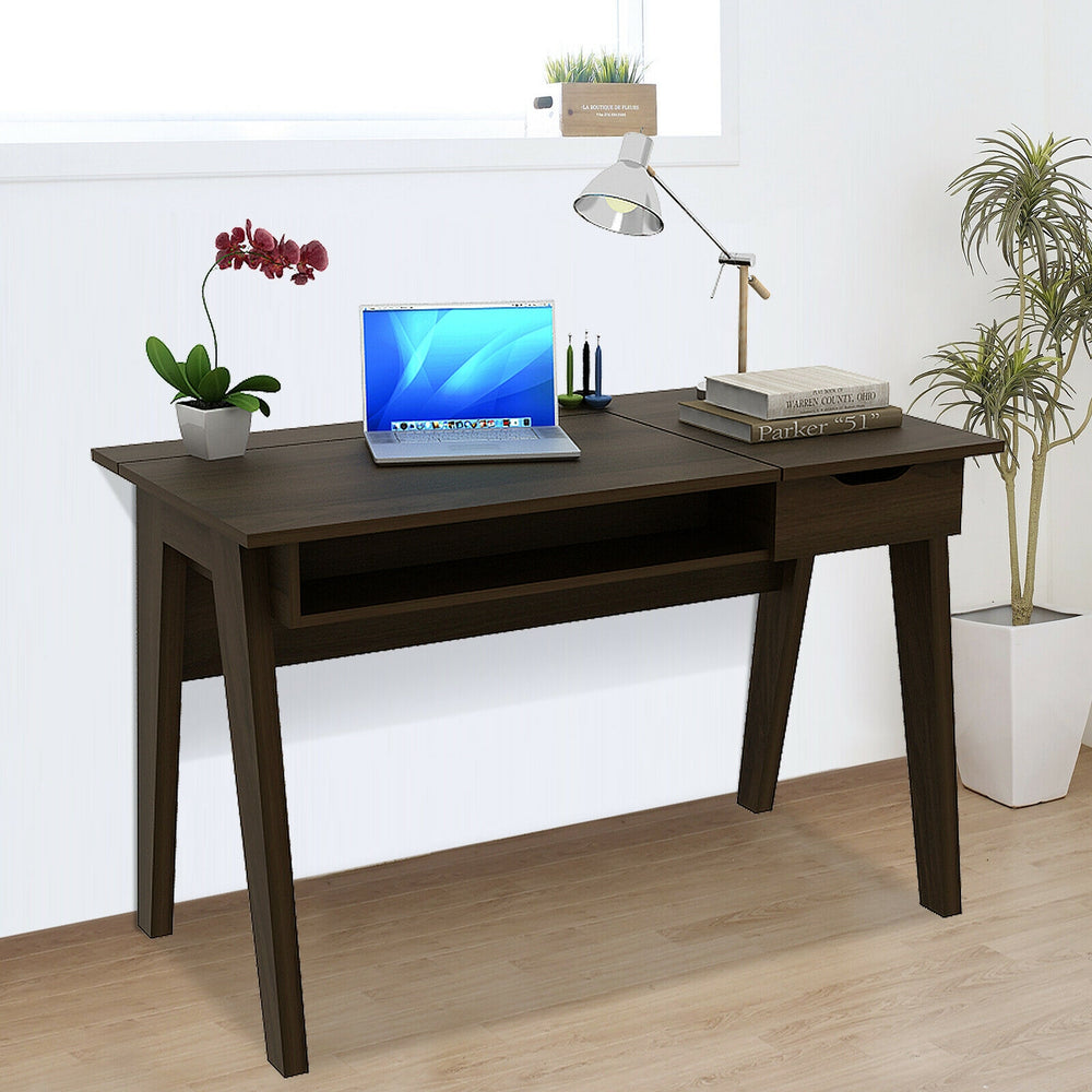 Dressing table with a flip mirror, showcasing a sleek design and spacious tabletop, ideal for both makeup and work.