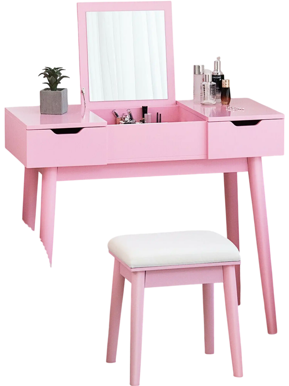 Pink makeup vanity table set with flip-top mirror, 2 drawers, and padded stool for stylish bedroom storage.