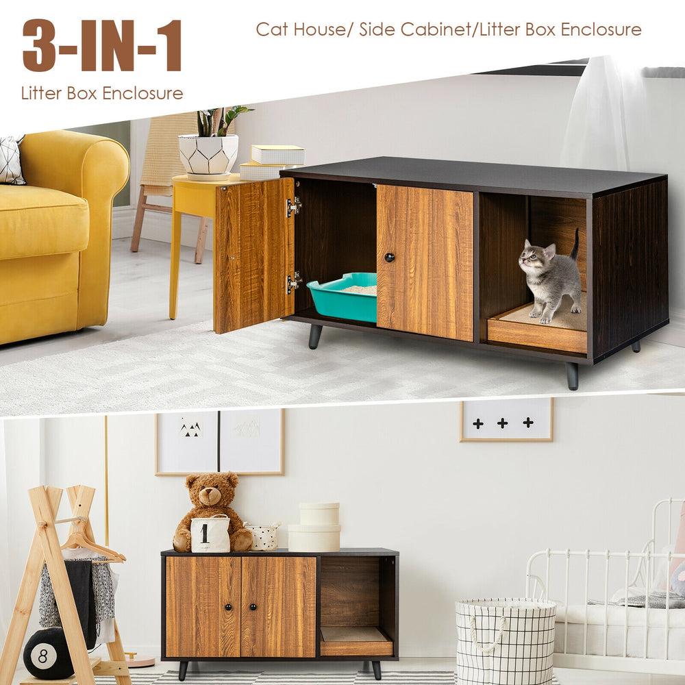 Cat litter box enclosure in coffee color with double doors, divider, and scratching pad for stylish pet privacy.