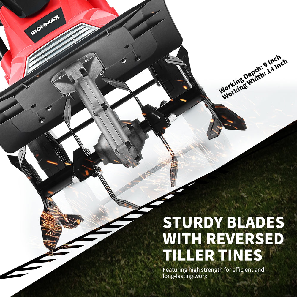 Sturdy tiller blades with reversed tines for efficient soil cultivation, featuring a 14-inch width and 9-inch depth.