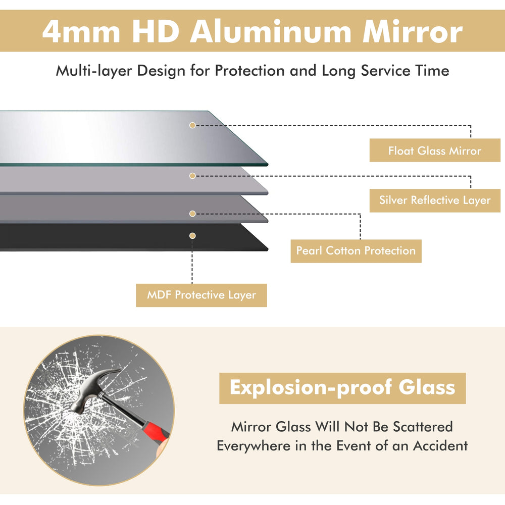 Large 59-inch rectangle full-length mirror with a golden aluminum alloy frame, explosion-proof glass for safety, ideal.