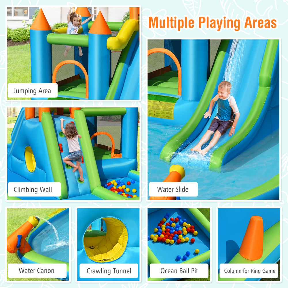 Inflatable water slide with bounce house, climbing wall, and splash pool for kids' outdoor fun and play.