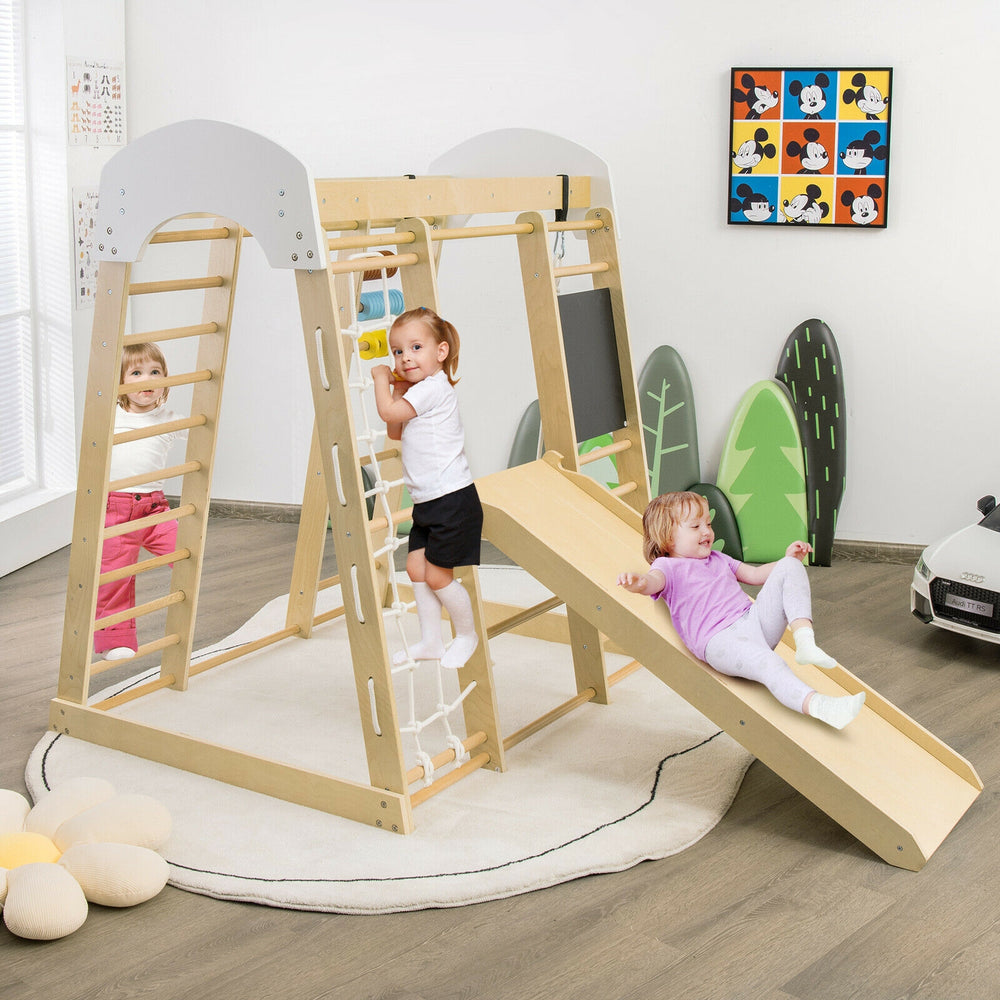 Wooden 8-in-1 indoor playground climbing gym with slide and ladder, perfect for developing kids' motor skills and.