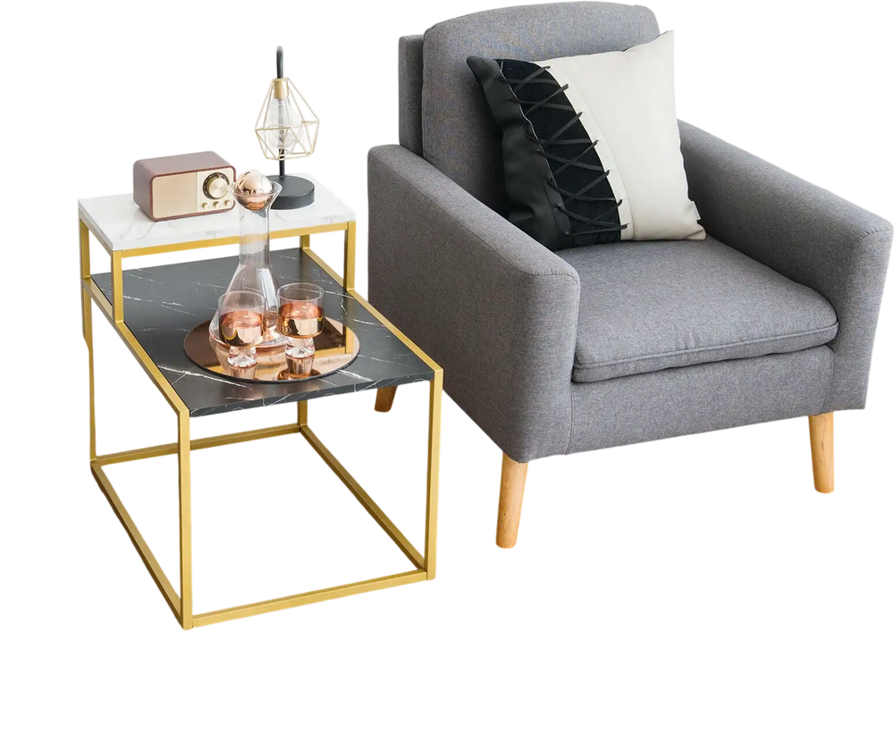 Two-tier end side table with a metal frame and marble pattern, perfect for living room storage and elegance.