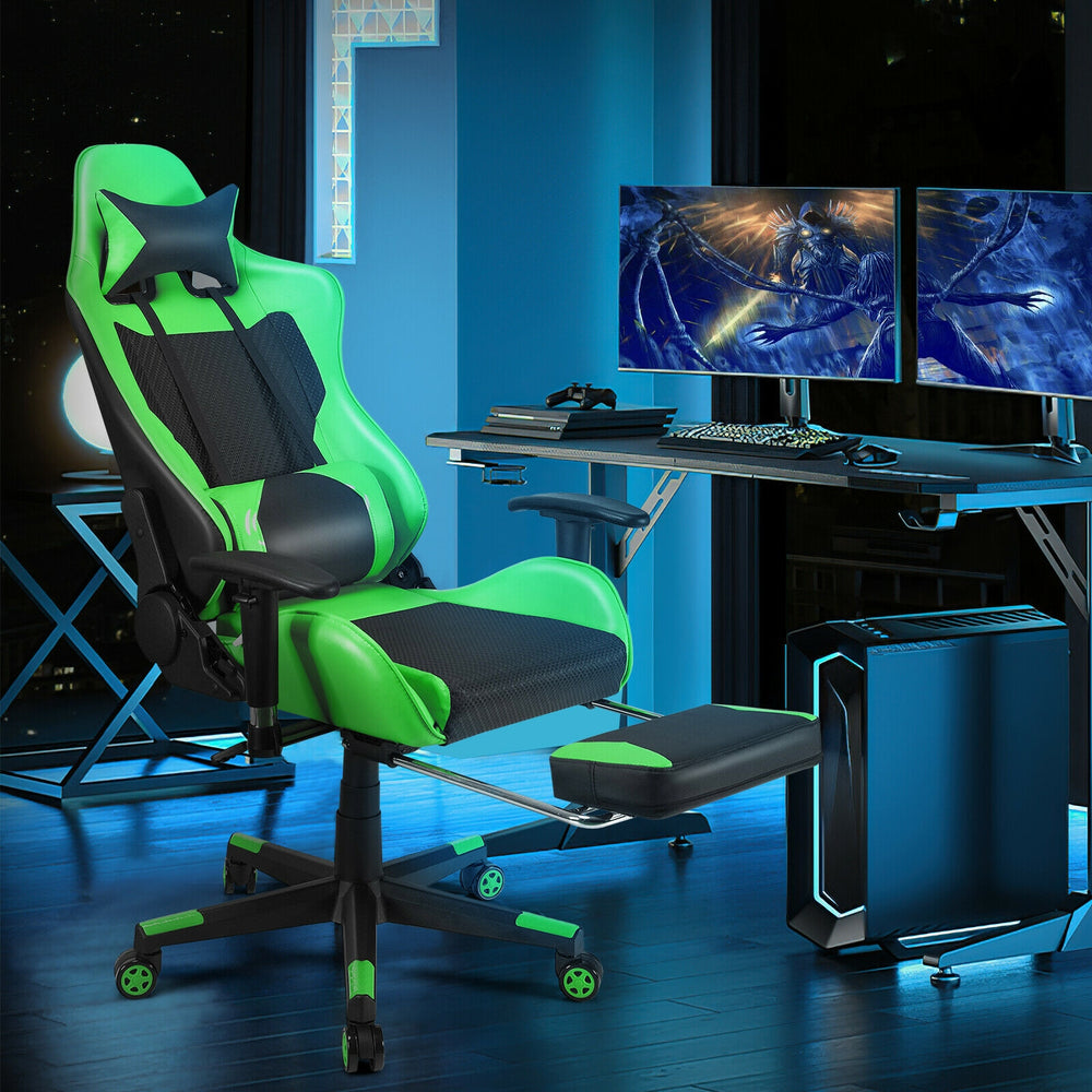 PU Leather Gaming Chair with USB Massage Lumbar Pillow and Footrest-Green - Gallery View 1 of 10