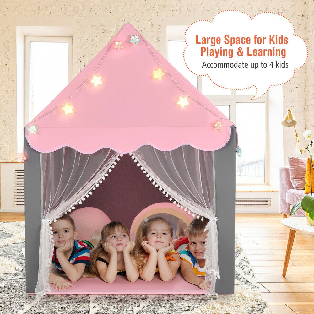 Kids playhouse tent in pink with star lights, accommodating up to 4 kids, featuring a soft mat and breathable curtains.