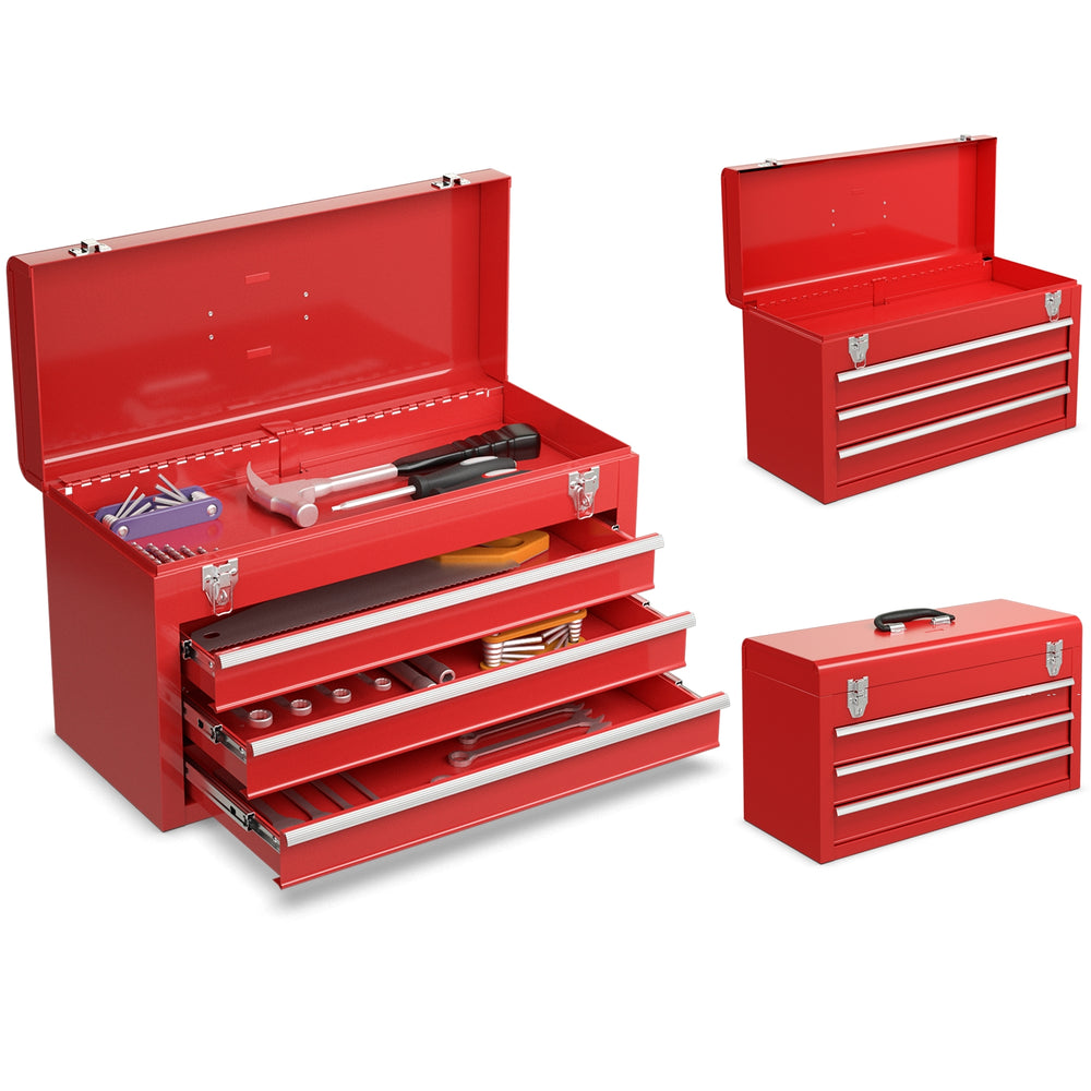 Portable red mechanic tool cabinet with three drawers and top tray for easy tool organization and transport.