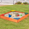 Kids outdoor wooden sandbox with colorful corner seating, made of cedar and pine, perfect for ages 3 to 8.
