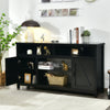 Black 59-inch TV stand with barn door, open compartments, and side cabinets for ample storage in living room or bedroom.