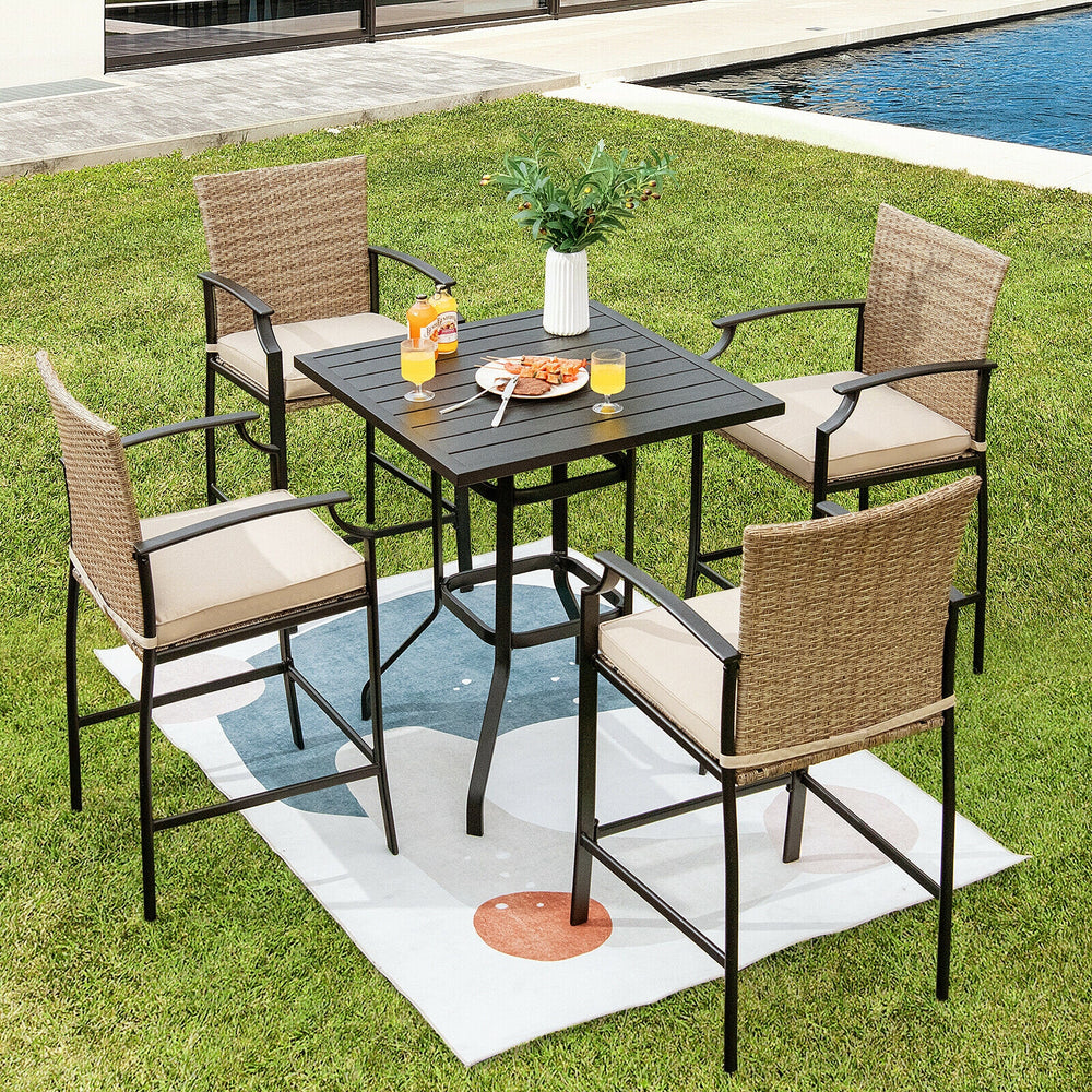 5-piece outdoor rattan bistro set with 4 bar stools and table, featuring weather-resistant material and soft cushions.