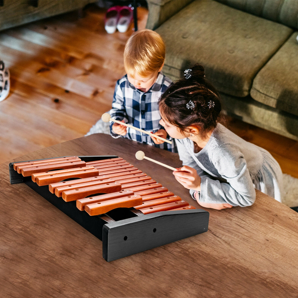 25-note wooden xylophone with mallets, featuring hardwood keys and a pine base, perfect for educational music play.