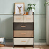 4-tier organizer tower with 5 fabric drawers and wooden top, featuring a sturdy steel frame for versatile storage.