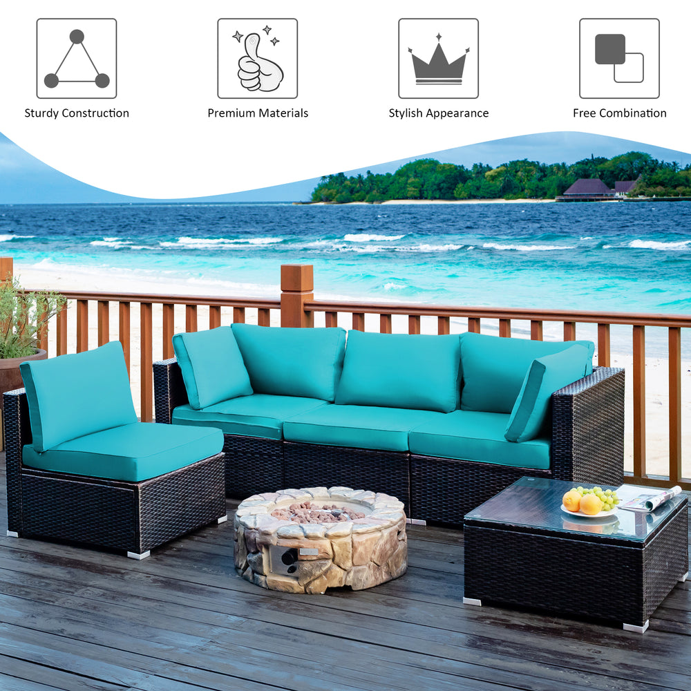 Turquoise cushioned armless sofa from the 5-piece patio rattan furniture set, designed for versatile outdoor.