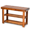 Freestanding wood bench with three-tier storage shelves, showcasing a sturdy acacia wood design, perfect for versatile.