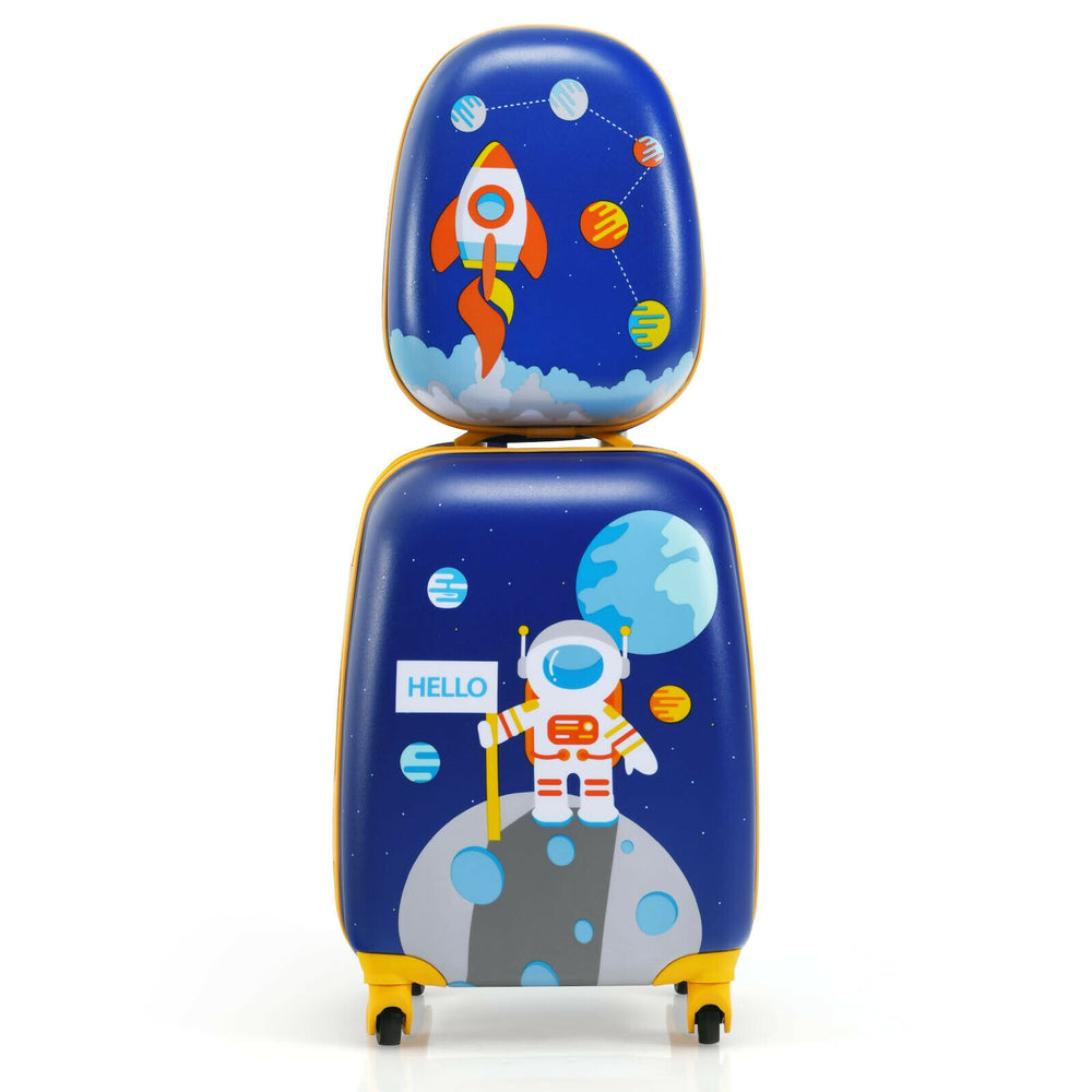 Colorful kids luggage set featuring a suitcase and backpack with space-themed designs, ideal for travel and.