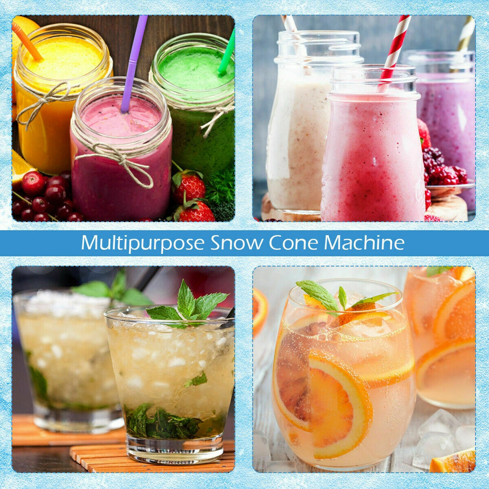Electric snow cone machine with colorful drinks, perfect for parties and gatherings, featuring stainless-steel.