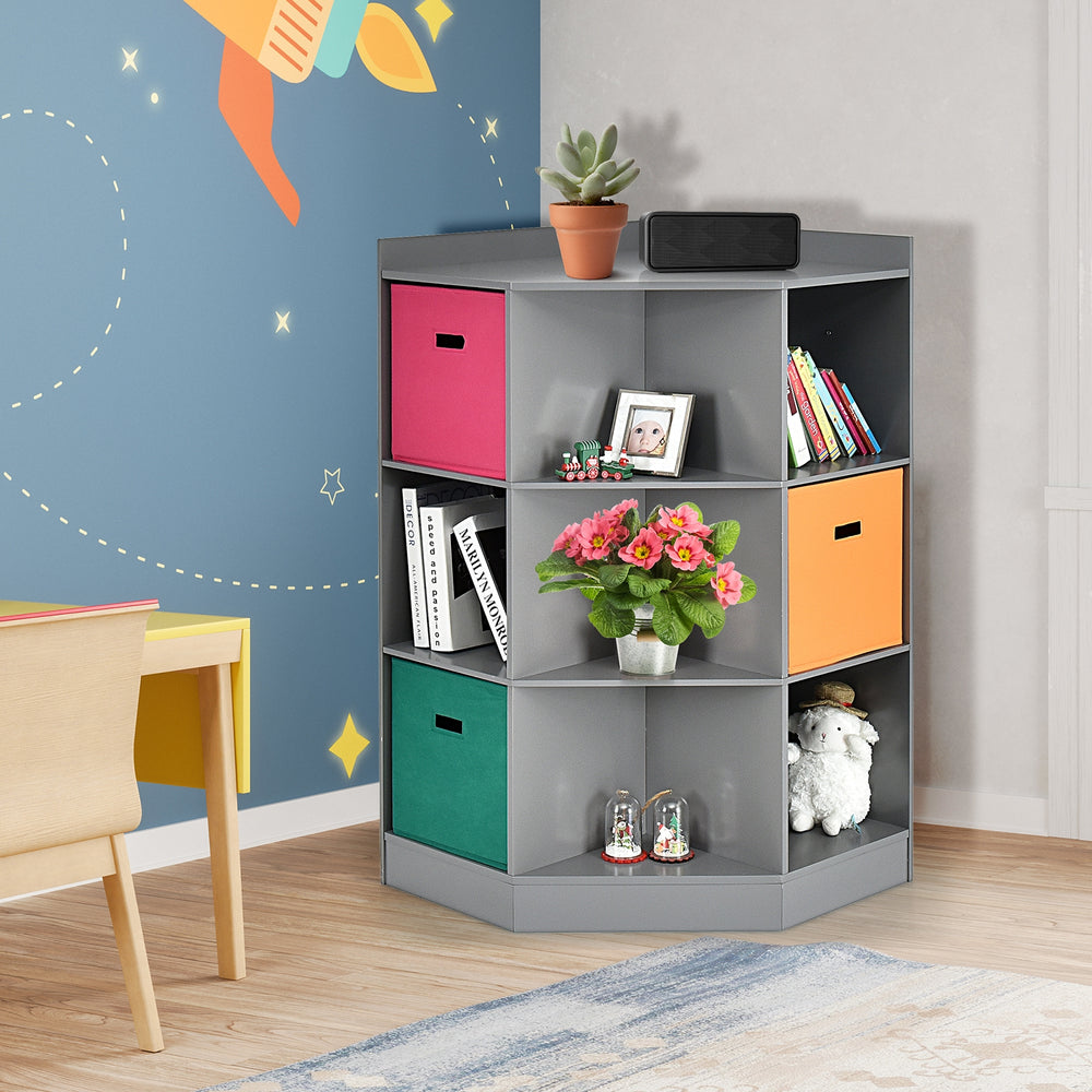 Gray 3-tier kids storage shelf corner cabinet with 3 colorful baskets, perfect for organizing toys and books in any.