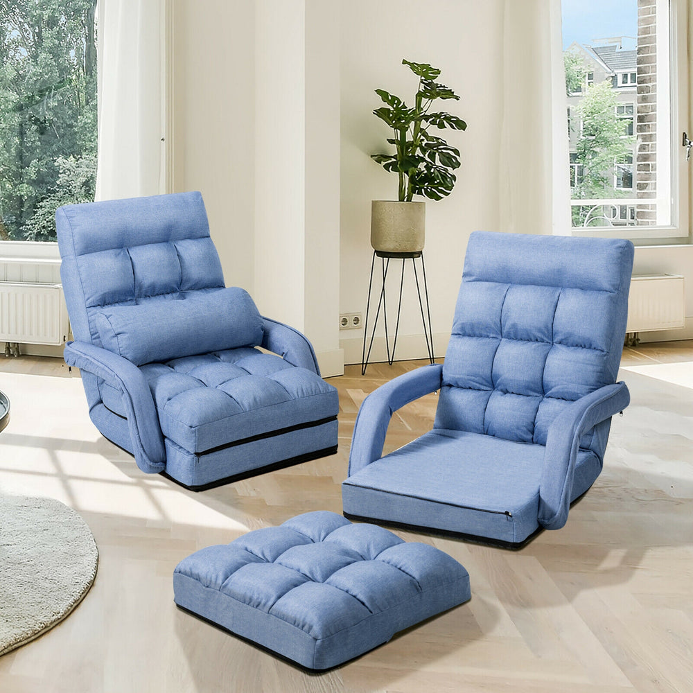 Blue folding lazy floor chair sofa set with armrests and pillow, ideal for living room or home office relaxation.