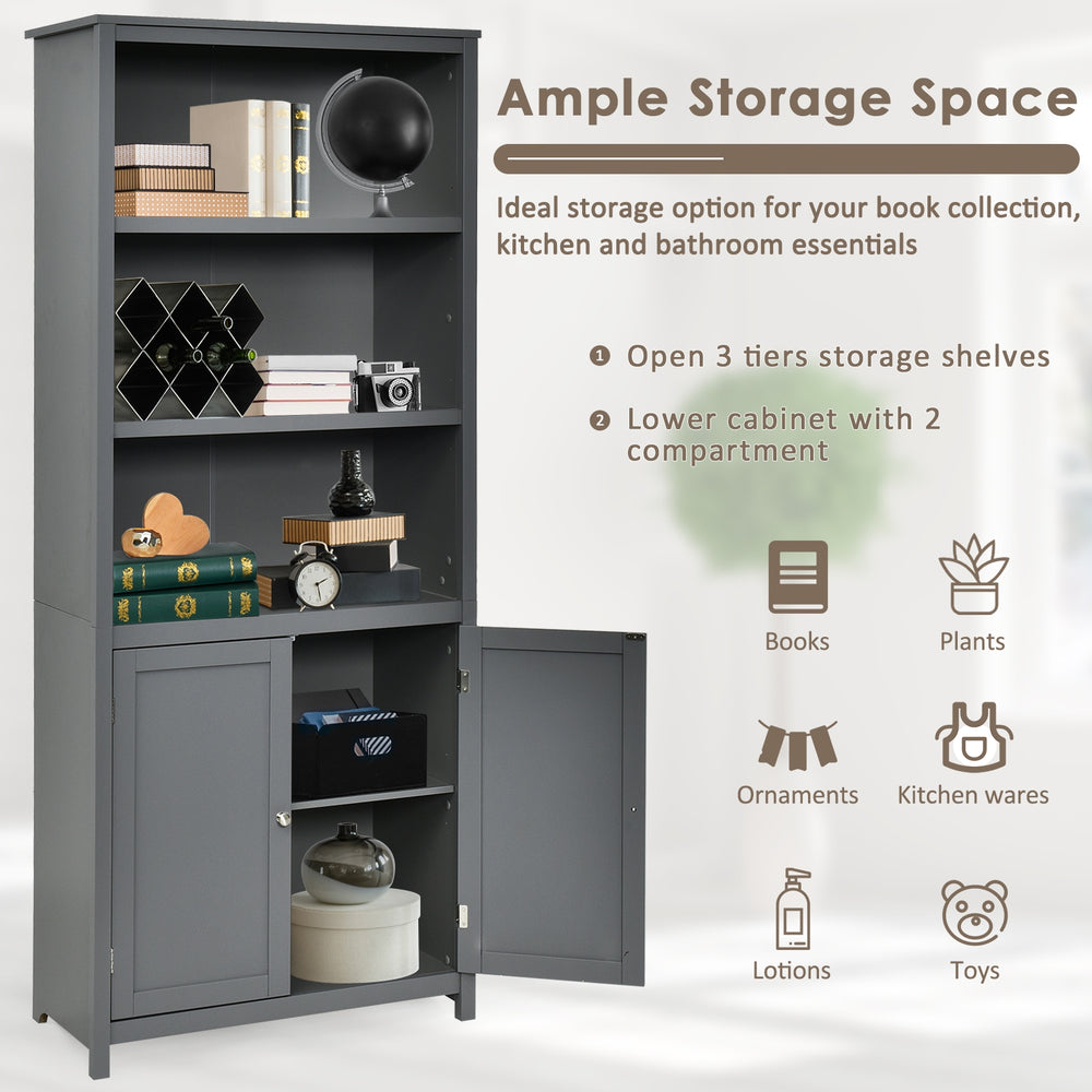 Gray bookcase shelving unit with 3 open tiers and a lower cabinet, ideal for organizing books and kitchen essentials.