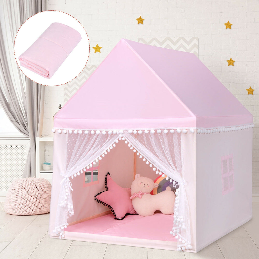 Large pink kids play tent with solid wood frame and thick mat, perfect for indoor or outdoor play and relaxation.