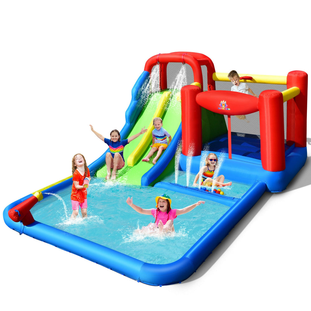 Inflatable water slide with climbing wall, basketball hoop, and splash pool for kids' summer fun in the backyard.