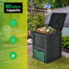80-gallon outdoor composter in green with large open lid and bottom exit door for easy composting and fertilizer access.