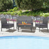 4-piece rattan patio conversation set featuring acacia wood tabletop, ideal for poolside relaxation with soft cushions.