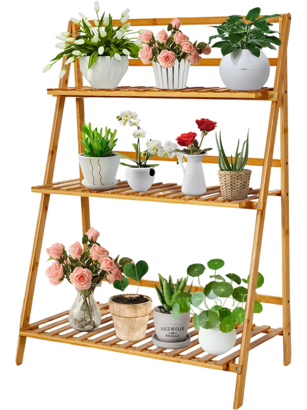 3-tier bamboo foldable plant stand showcasing potted plants, ideal for indoor and outdoor use with a stylish design.