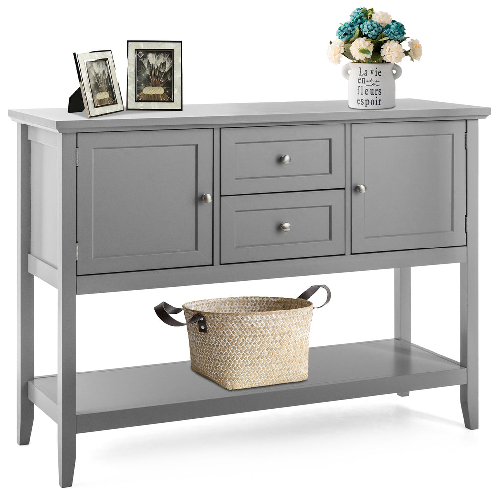 Gray wooden sideboard buffet console table with drawers and storage, ideal for living room or hallway organization.