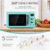 Compact 0.9 Cu.ft retro microwave oven in green with 5 power levels and glass turntable for even cooking.