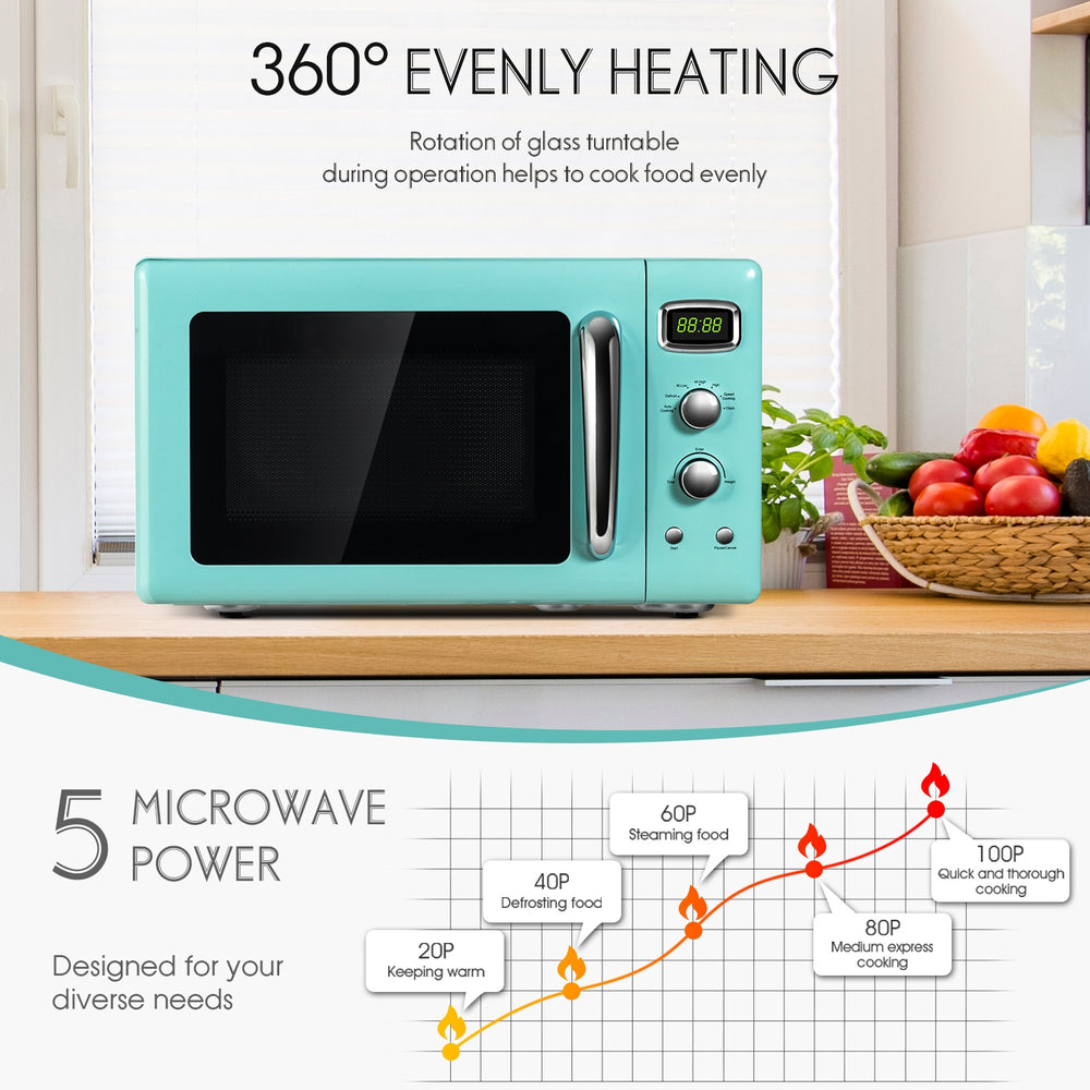Compact 0.9 Cu.ft retro microwave oven in green with 5 power levels and glass turntable for even cooking.